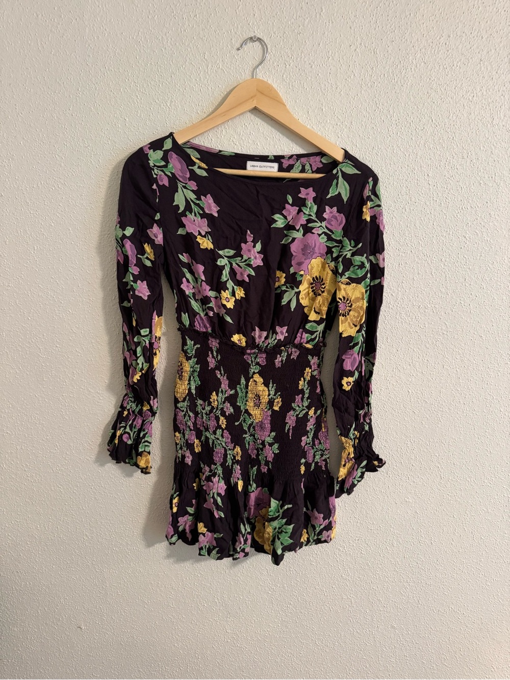 Urban Outfitters Black Floral Long-Sleeve Smocked Mini Dress